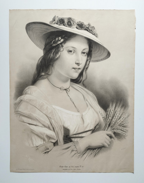 Femme Au Chapeau De Paille Grande Lithographie d'Après Brochart 