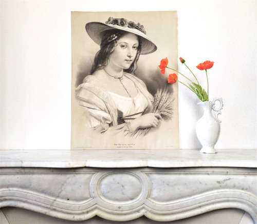 Femme Au Chapeau De Paille Grande Lithographie d'Après Brochart 