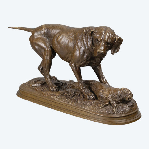 Sculpture - Chien Gardant Un Lièvre , Paul - Édouard Delabrièrre (1829-1912) - Bronze