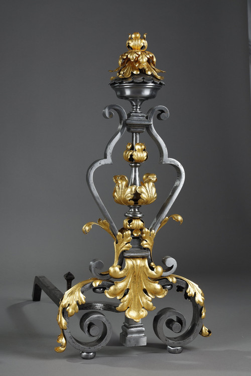 VERY LARGE PAIR OF WROUGHT IRON MANTELPIECES WITH FOLIAGE, MASK AND SCROLL MOTIFS