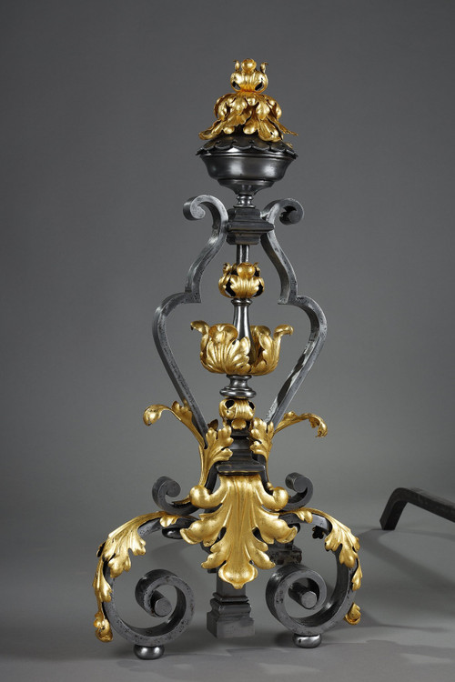 VERY LARGE PAIR OF WROUGHT IRON MANTELPIECES WITH FOLIAGE, MASK AND SCROLL MOTIFS