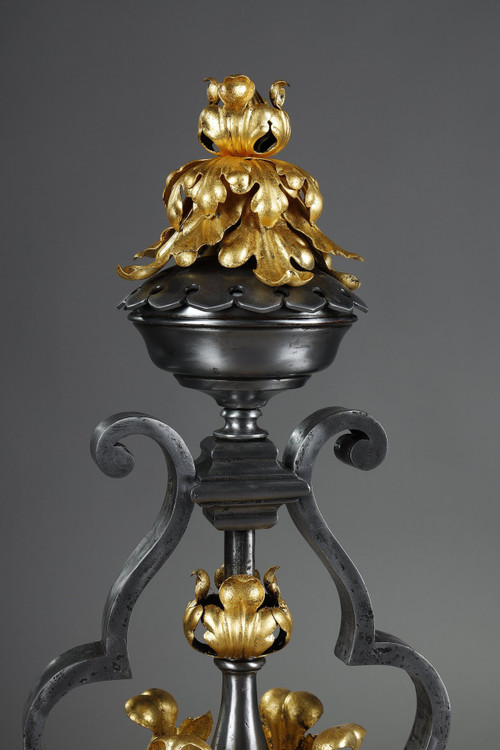 VERY LARGE PAIR OF WROUGHT IRON MANTELPIECES WITH FOLIAGE, MASK AND SCROLL MOTIFS