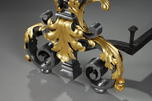 VERY LARGE PAIR OF WROUGHT IRON MANTELPIECES WITH FOLIAGE, MASK AND SCROLL MOTIFS