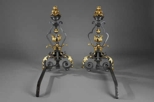 VERY LARGE PAIR OF WROUGHT IRON MANTELPIECES WITH FOLIAGE, MASK AND SCROLL MOTIFS
