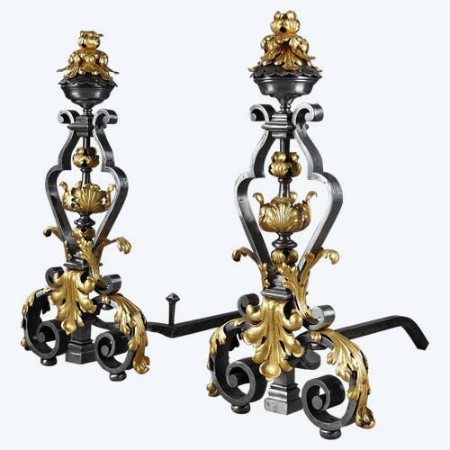 VERY LARGE PAIR OF WROUGHT IRON MANTELPIECES WITH FOLIAGE, MASK AND SCROLL MOTIFS