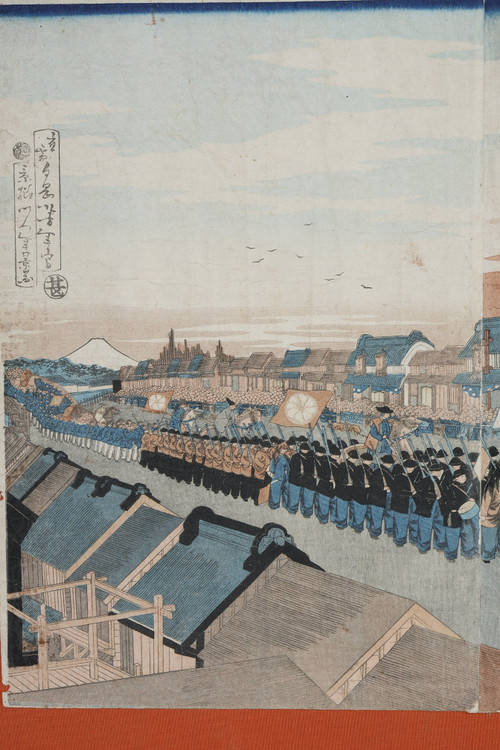 Polyptyque de 9 estampes oban tate-e, illustrant le cortège de l'empereur Mutsuhito (Meiji)