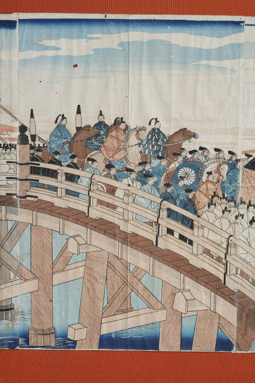 Polyptyque de 9 estampes oban tate-e, illustrant le cortège de l'empereur Mutsuhito (Meiji)