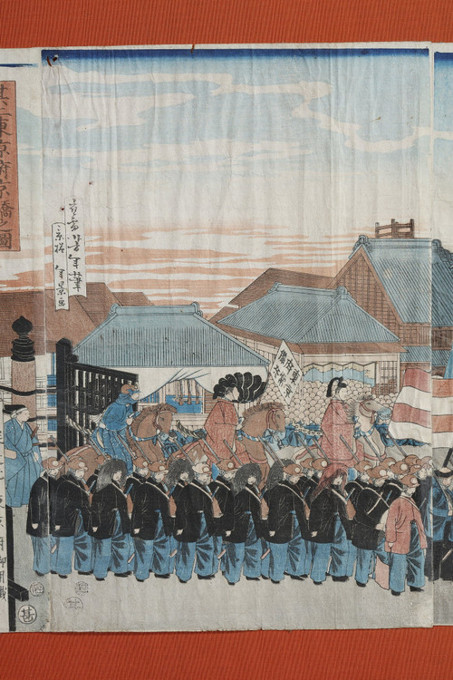 Polyptyque de 9 estampes oban tate-e, illustrant le cortège de l'empereur Mutsuhito (Meiji)