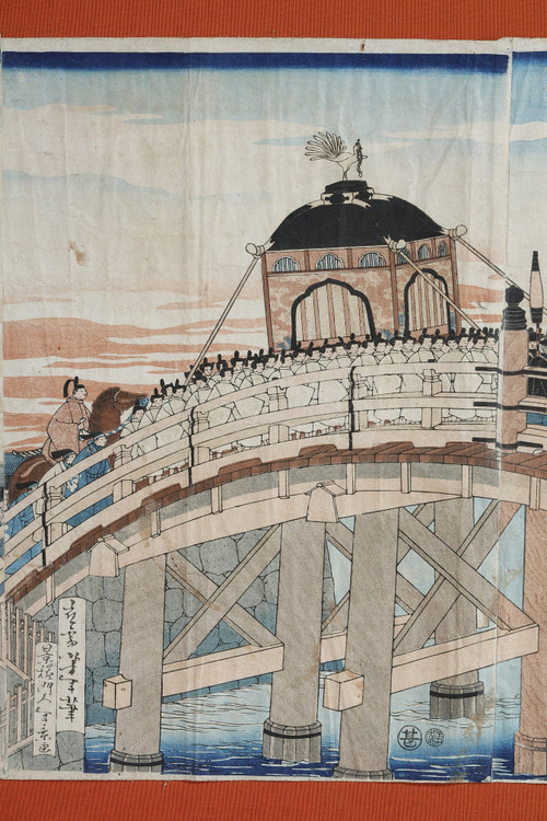 Polyptyque de 9 estampes oban tate-e, illustrant le cortège de l'empereur Mutsuhito (Meiji)