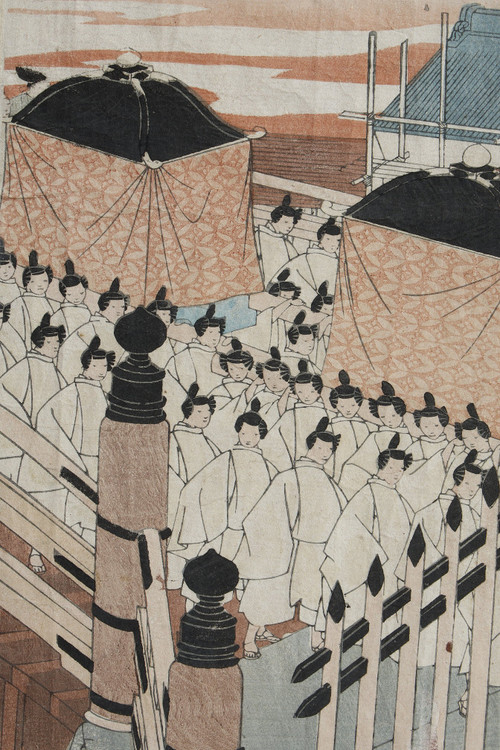 Polyptyque de 9 estampes oban tate-e, illustrant le cortège de l'empereur Mutsuhito (Meiji)