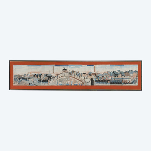 Polyptyque de 9 estampes oban tate-e, illustrant le cortège de l'empereur Mutsuhito (Meiji)
