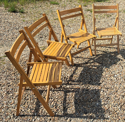 Set of four 60s wooden folding garden chairs