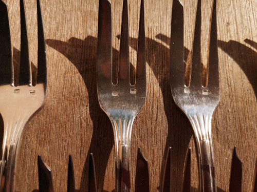 Ecrin à dessert : 12 fourchettes à gâteaux + pelle à tarte assortie SFAM année 50