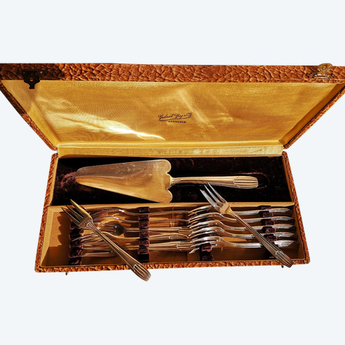 Ecrin à dessert : 12 fourchettes à gâteaux + pelle à tarte assortie SFAM année 50