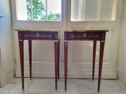 2 Small tables in marquetry of noble woods stamped J.P Dusautoy