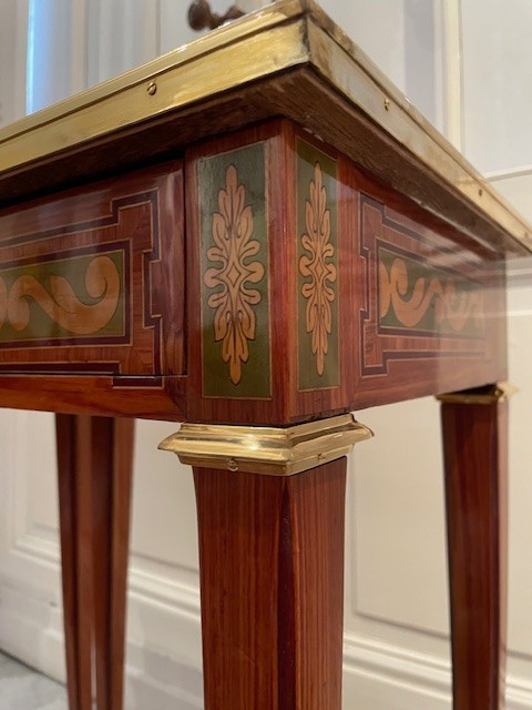2 Small tables in marquetry of noble woods stamped J.P Dusautoy