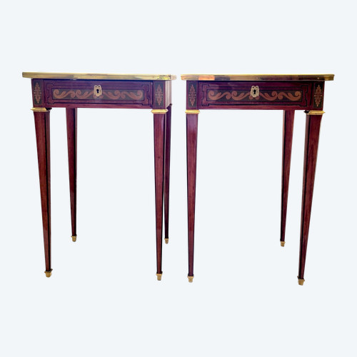 2 Small tables in marquetry of noble woods stamped J.P Dusautoy