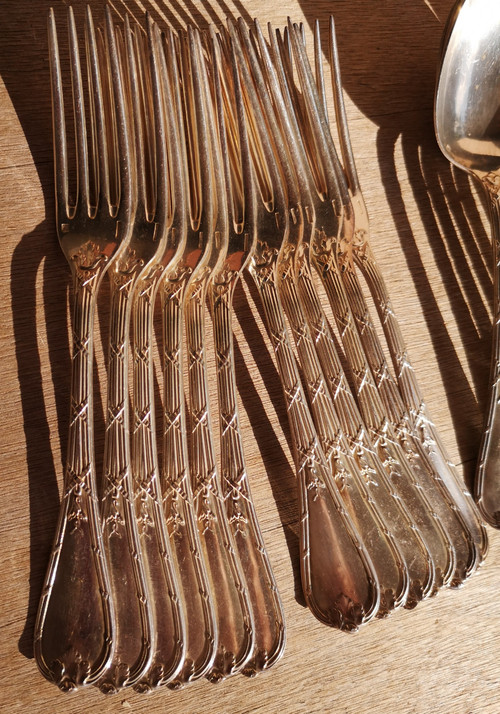 12 silver-plated entremets/dessert place settings, Rubans pattern, antique Christofle silverware