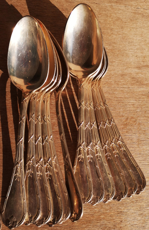 12 silver-plated entremets/dessert place settings, Rubans pattern, antique Christofle silverware