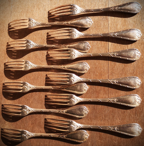 12 silver-plated entremets/dessert place settings, Rubans pattern, antique Christofle silverware