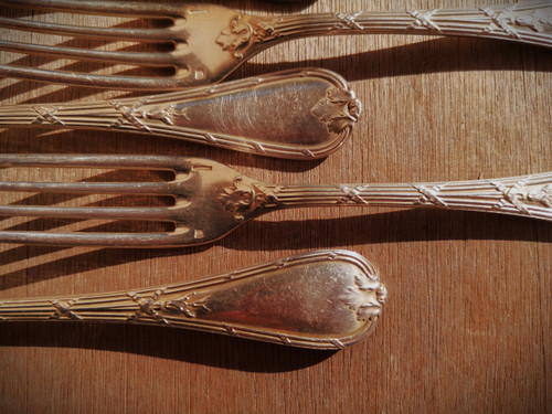 12 silver-plated entremets/dessert place settings, Rubans pattern, antique Christofle silverware