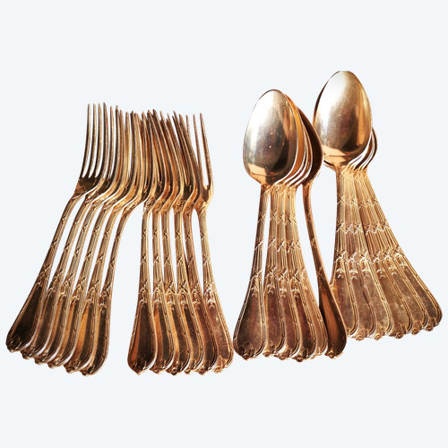 12 silver-plated entremets/dessert place settings, Rubans pattern, antique Christofle silverware