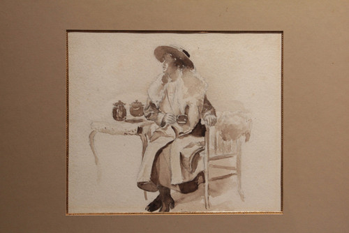 Disegno a china "Donna seduta che beve il tè", 1900 ca.