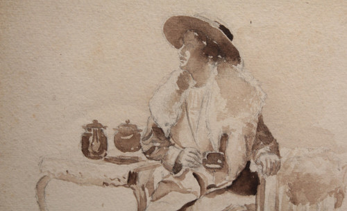 Disegno a china "Donna seduta che beve il tè", 1900 ca.