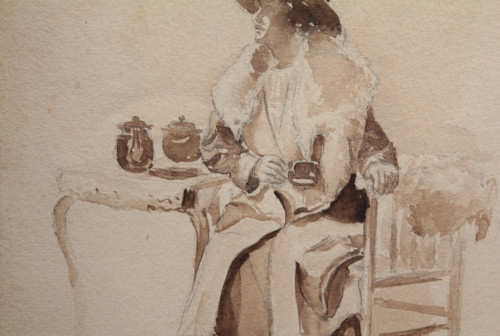 Disegno a china "Donna seduta che beve il tè", 1900 ca.