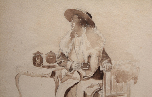 Disegno a china "Donna seduta che beve il tè", 1900 ca.