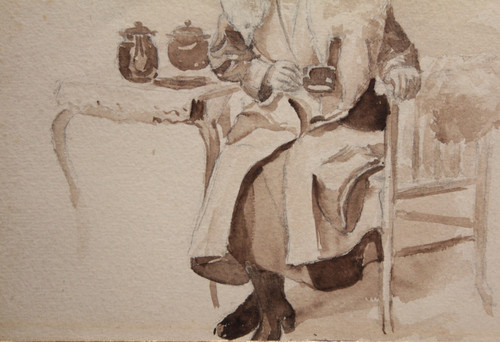 Disegno a china "Donna seduta che beve il tè", 1900 ca.