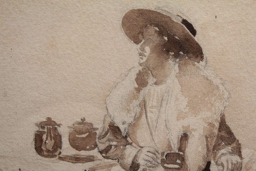 Disegno a china "Donna seduta che beve il tè", 1900 ca.
