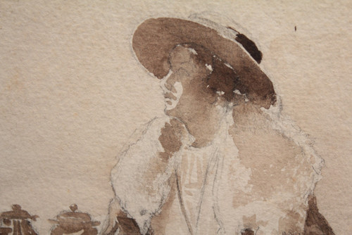 Disegno a china "Donna seduta che beve il tè", 1900 ca.