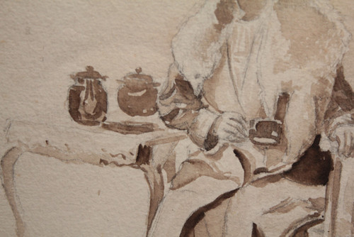 Disegno a china "Donna seduta che beve il tè", 1900 ca.