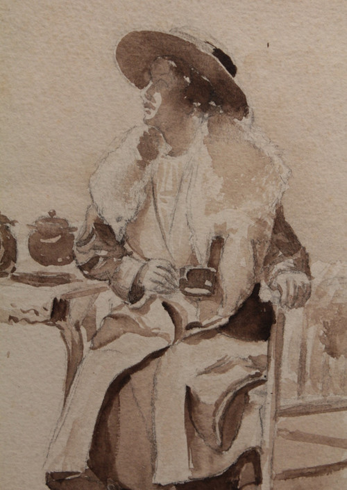 Disegno a china "Donna seduta che beve il tè", 1900 ca.