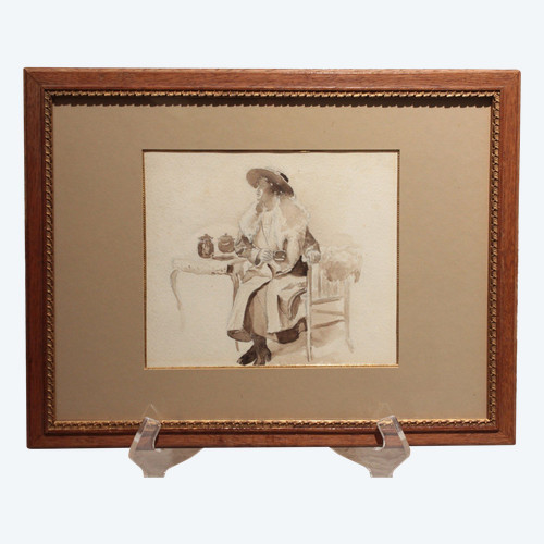 Disegno a china "Donna seduta che beve il tè", 1900 ca.