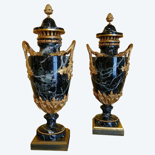 Pair of Vases in Sea-Green Marble and Chased and Gilded Bronzes Louis XVI style late 19th century