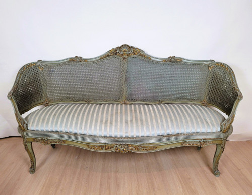 Salon 3 Pièces En Bois Laqué Et Cannage, Circa 1900