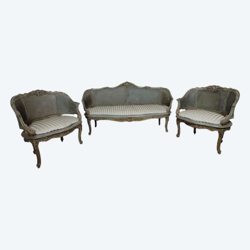Salon 3 Pièces En Bois Laqué Et Cannage, Circa 1900