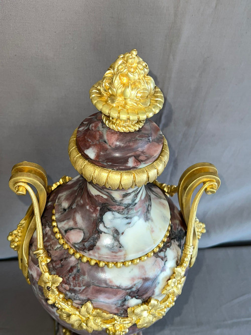 Coppia di cassolette in marmo di Breche de Violette e bronzo dorato XIX secolo