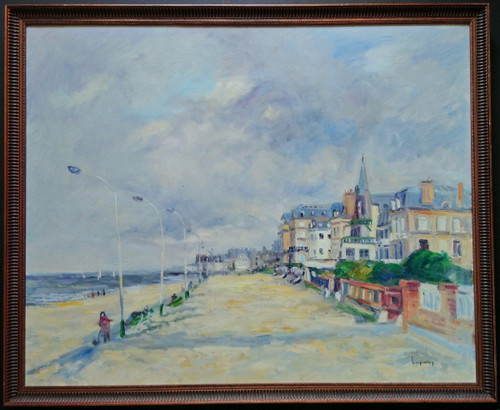 Marcel LAQUAY (1925-2014), Grande Huile/toile d'origine, signée - Trouville, Mer, Plage, Bateau