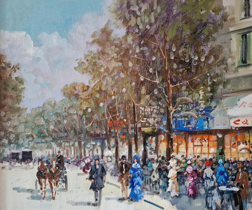 Dominique TORTÈS (1938-2012) Signed French original oil/canvas - Figure, Paris, Boulevard, 1900