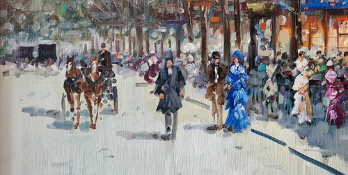 Dominique TORTÈS (1938-2012) Signed French original oil/canvas - Figure, Paris, Boulevard, 1900