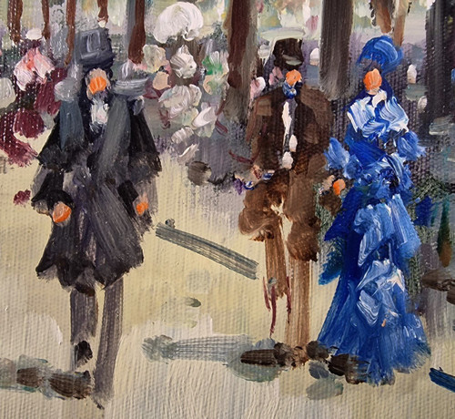 Dominique TORTÈS (1938-2012) Signed French original oil/canvas - Figure, Paris, Boulevard, 1900