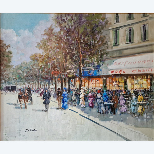 Dominique TORTÈS (1938-2012) Signed French original oil/canvas - Figure, Paris, Boulevard, 1900
