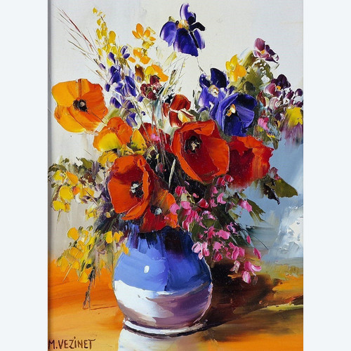 Michel VÉZINET (né en 1957), Huile/toile d'origine, signée - Fleur, Bouquet, Nature Morte, Vase