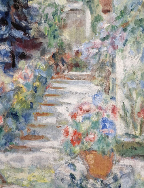 Paul LOISEAU (1893-1970), Olio originale su tela, firmato - Donna, giardino, casa, fiore, estate