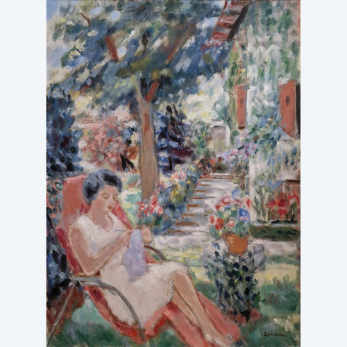 Paul LOISEAU (1893-1970), Olio originale su tela, firmato - Donna, giardino, casa, fiore, estate