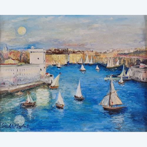 Paul FLAUBERT (1928-1994) Öl/Originalkarton, signiert - Marseille, Hafen, Meer, Côte d'Azur