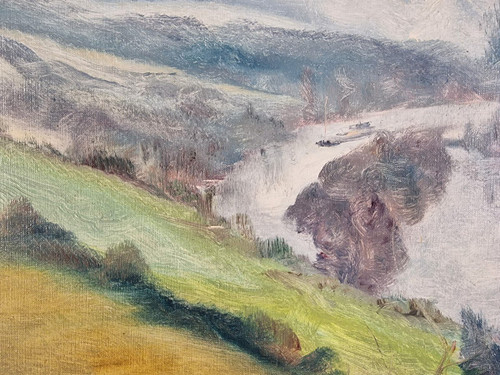 Jean SIEURIN (1931-2024), Original Öl/Leinwand, signiert – Landschaft, Normandie, Seine, Boot